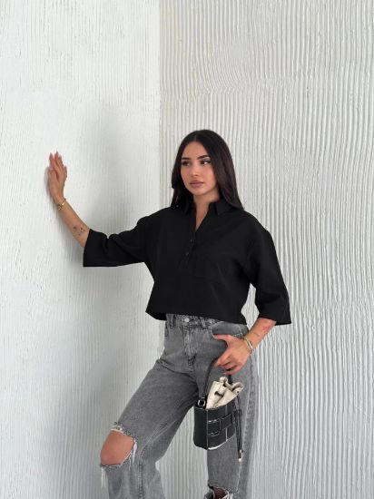 Crop Yakalı Gömlek Üç Çeyrek Sleeve Kol - Siyah resmi